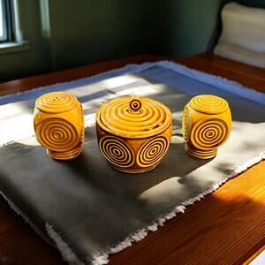 Art Deco Shakers & Lidded Pot Set- ca 1930s-Geometric Pottery-Retro-Kitchen-Salt